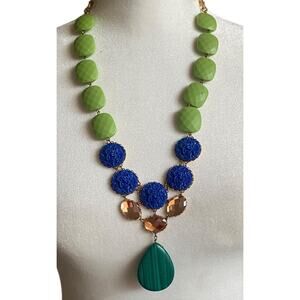 David Aubrey Blue Green Carved Flower Pendant Necklace Beaded Anthropologie Boho